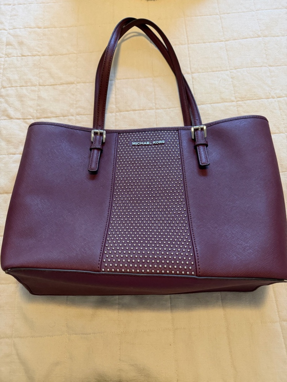 Michael Kors Burgundy Studded Saffiano Tote